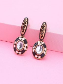 Estele - Gold Plated Graceful Kundan Drop Earrings with Black Enamel for Women